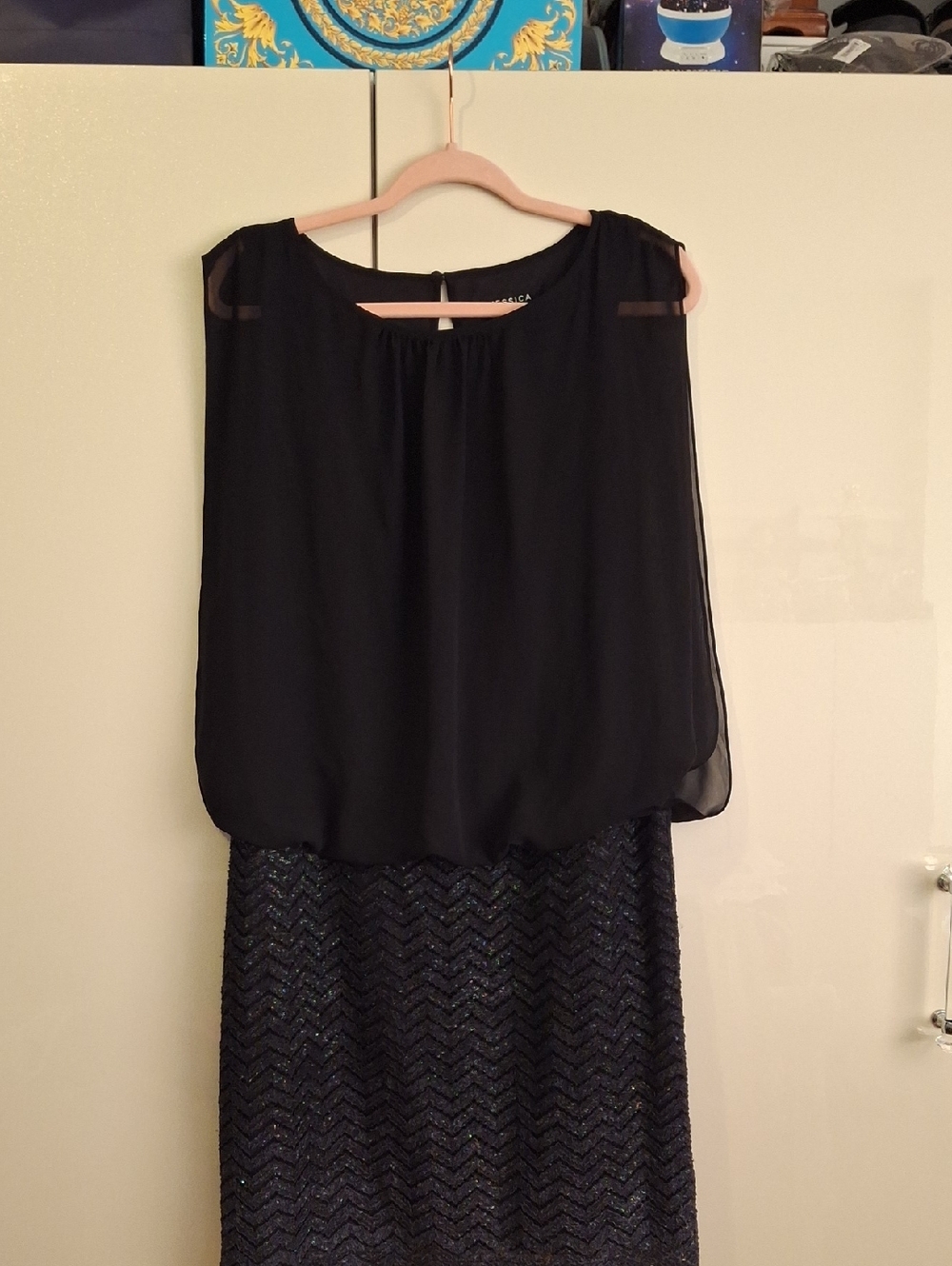 JESSICA Black Chiffon Overlay Dress with Chevron Sequin Skirt
